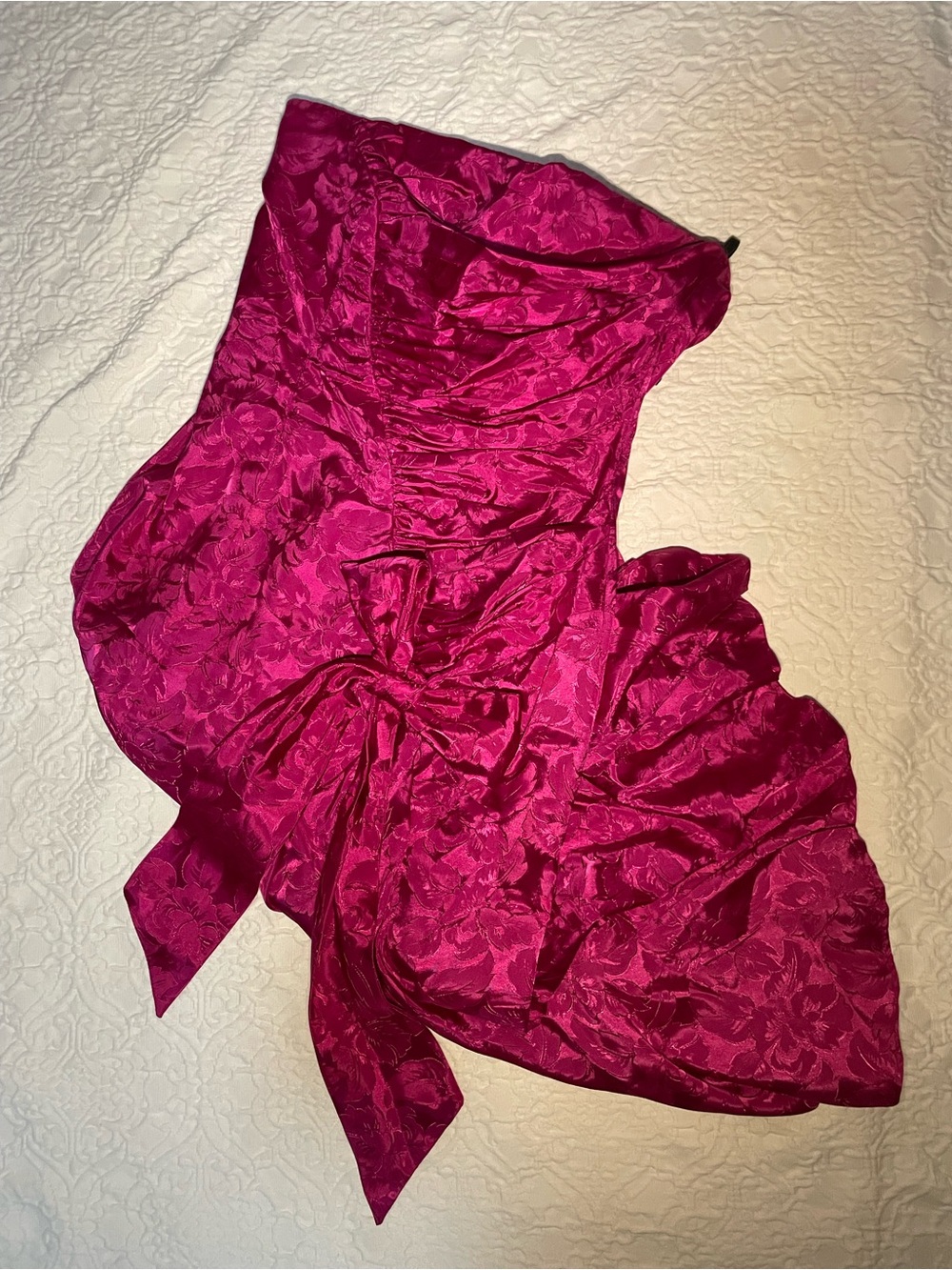 Strapless Bright Fuchsia Floral Jacquard Midi Dress with Bow Detail